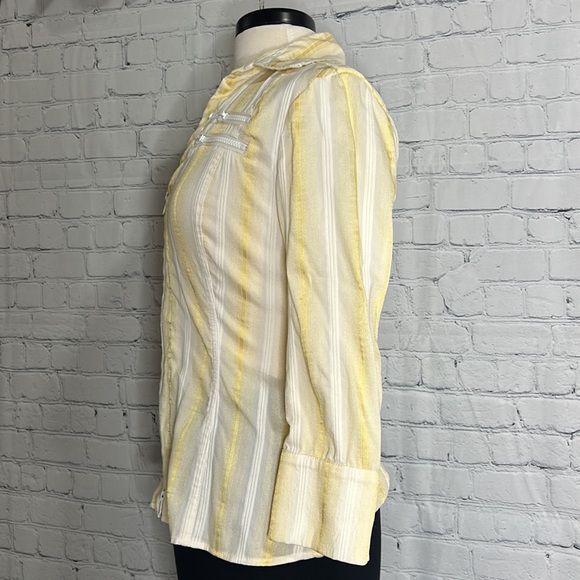 ✨Vintage 1990's Cache Striped White Yelllow/Gold Zipper Long Sleeve Blouse ✨ M - Picture 3 of 9